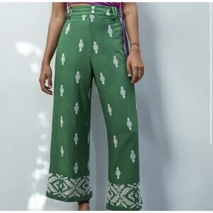 Zara Linen Blend Wide Leg Crop Pants Large L Embroidered Green Boho